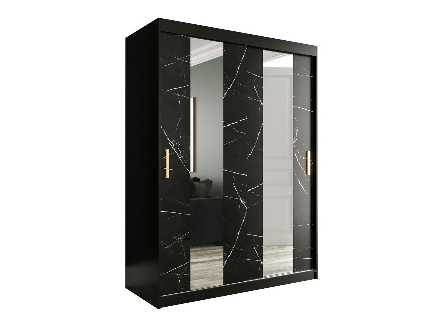 Garderobna omara Hartford 242 (Mat črna + Črni marmor)