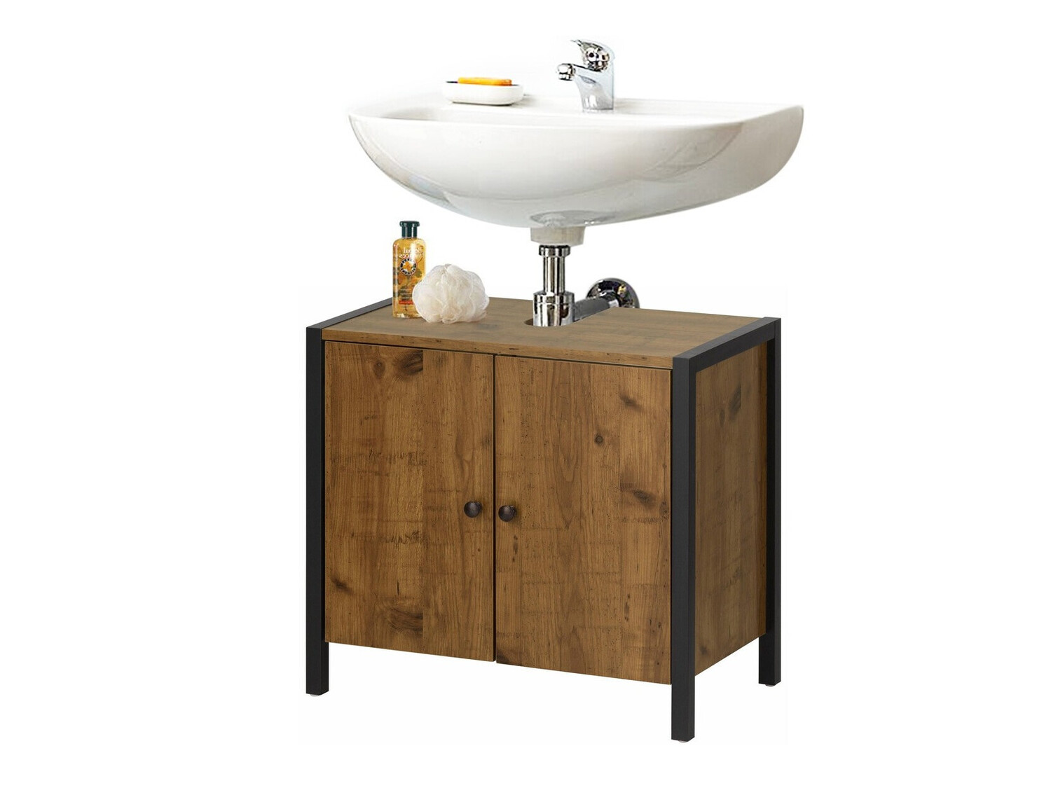 Prostostoječa kopalniška omarica za umivalnik Larnovo 113 (Temen hrast + Črna)