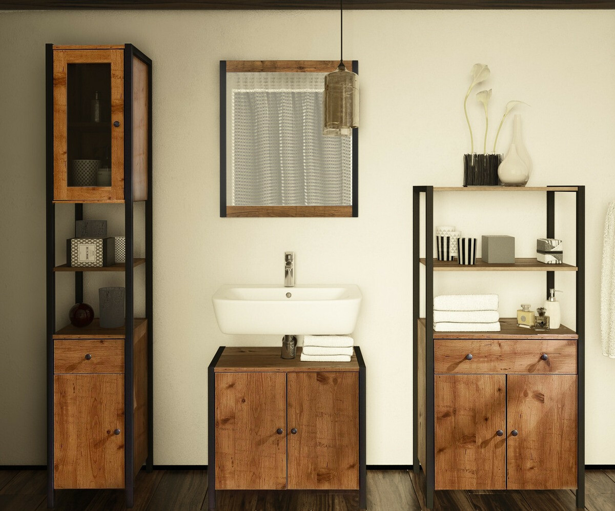 Prostostoječa kopalniška omarica za umivalnik Larnovo 113 (Temen hrast + Črna)