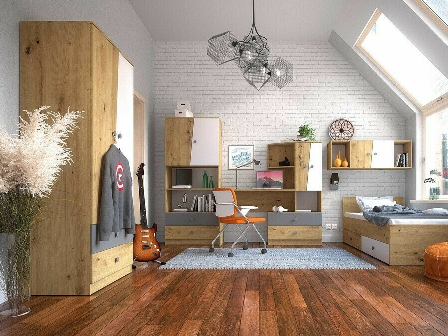 Garderobna omara Mirelbu 100 (Artisan hrast + Sijaj bela + Sijaj siva)