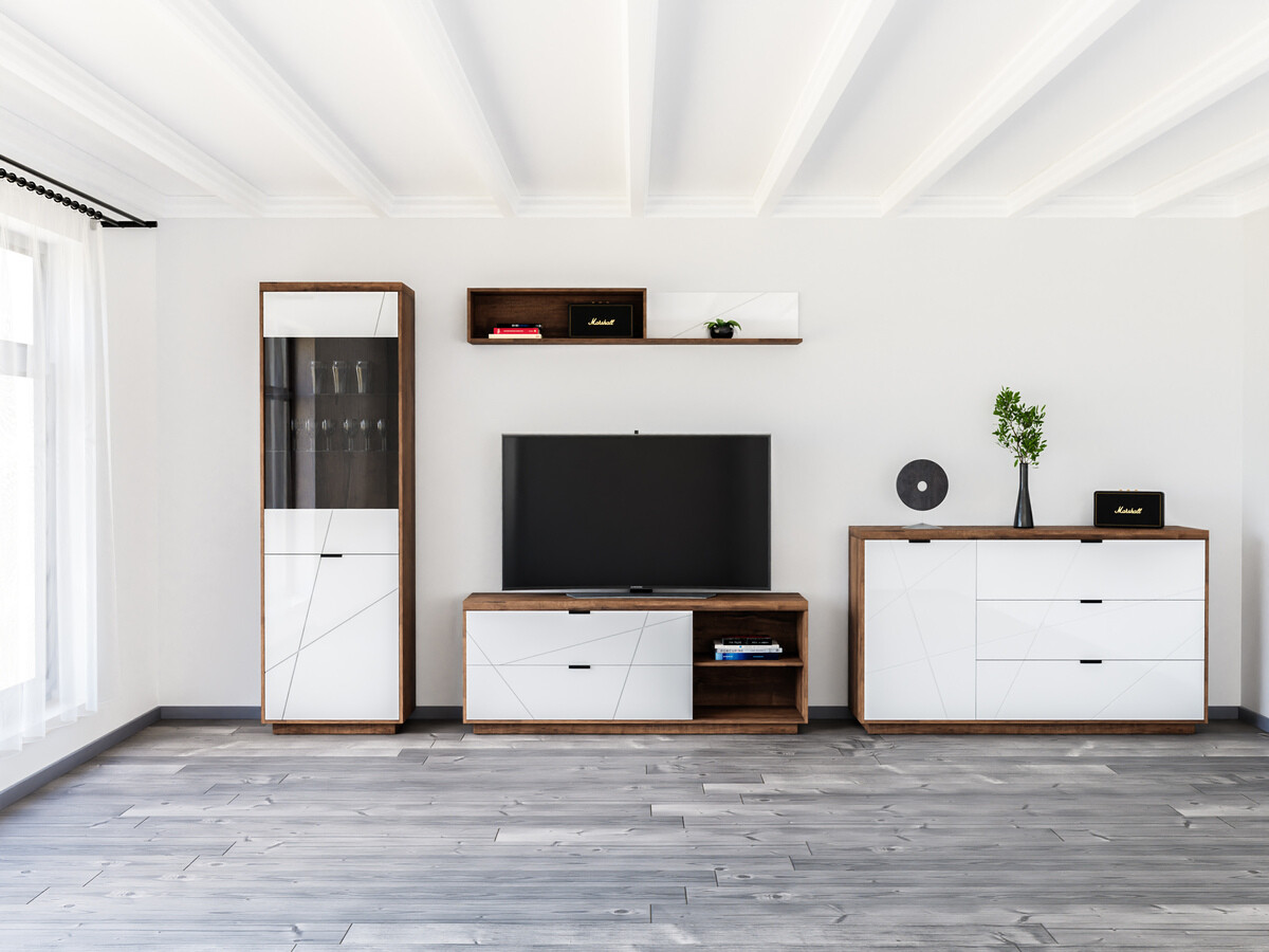 Komplet za dnevno sobo Fivale 114 (Temni delano hrast + Sijaj bela)