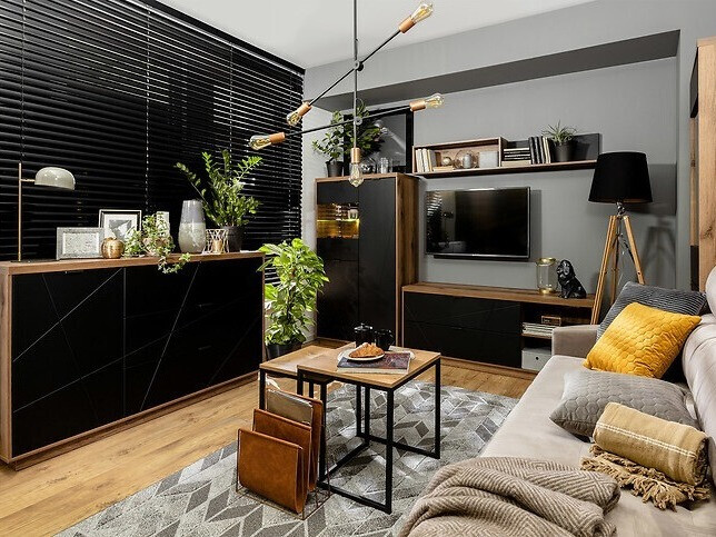 Stenska polica Fivale 101 (Temni delano hrast + Mat črna)