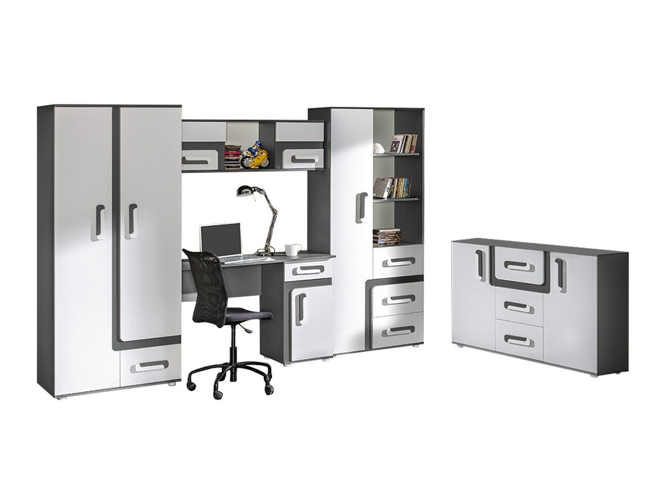 Komplet pohištva za otroško sobo Aviseve 107 (Antracit + Bela)