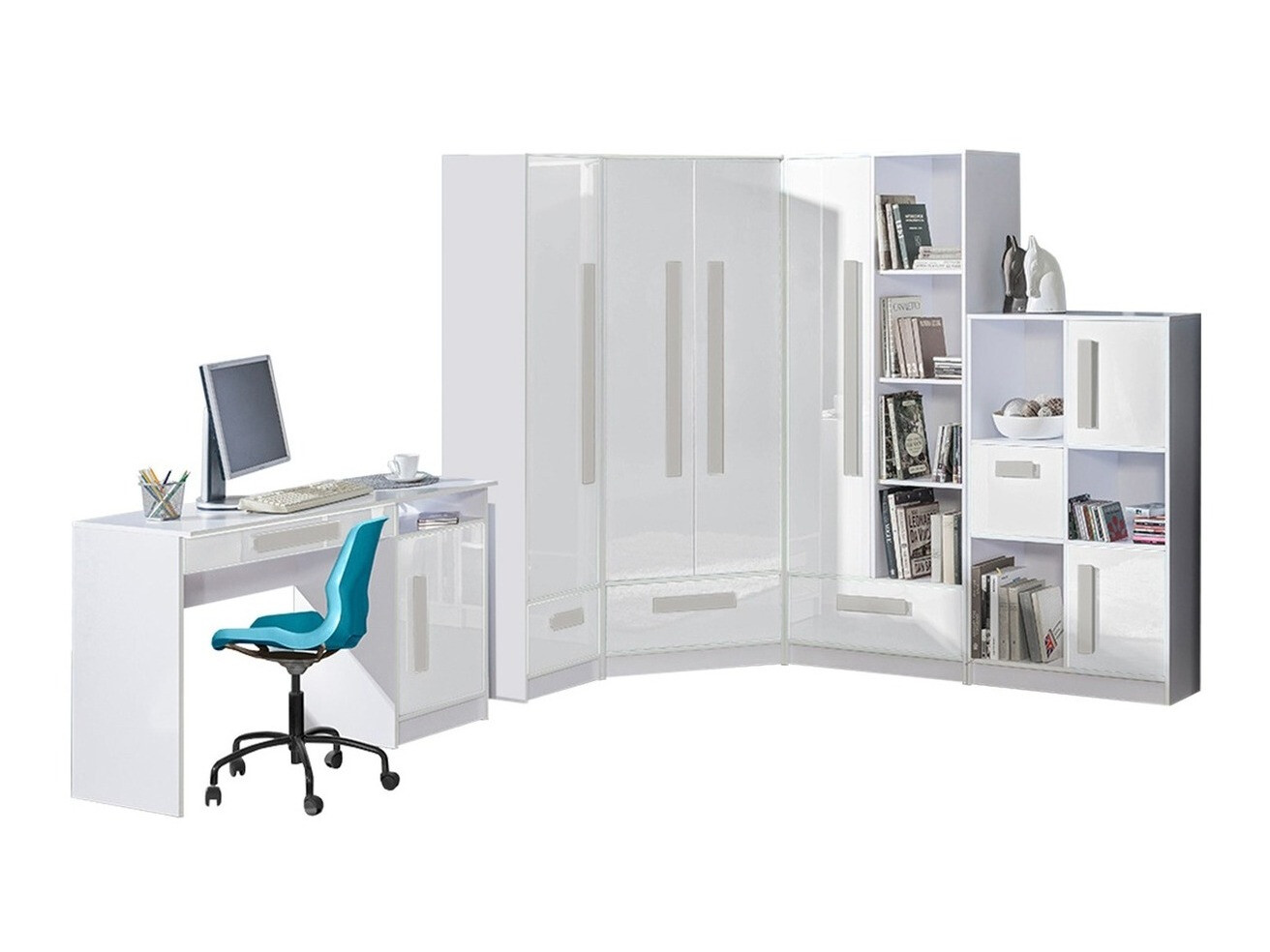 Komplet pohištva za otroško sobo Merevari 107 (Bela + Sijaj bela + Siva)