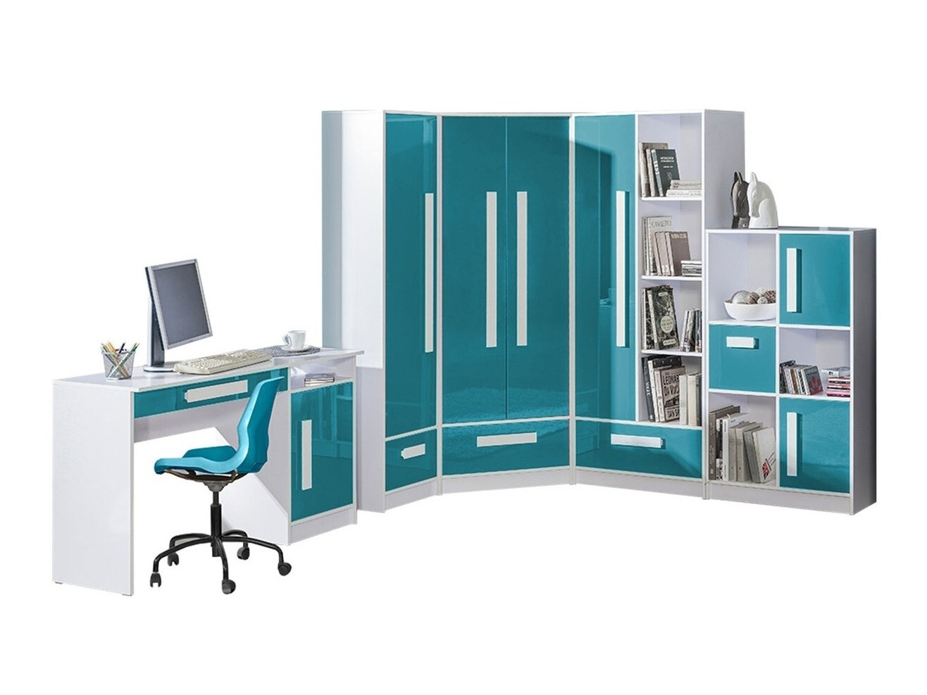 Komplet pohištva za otroško sobo Merevari 107 (Bela + Sijaj Turkizna)