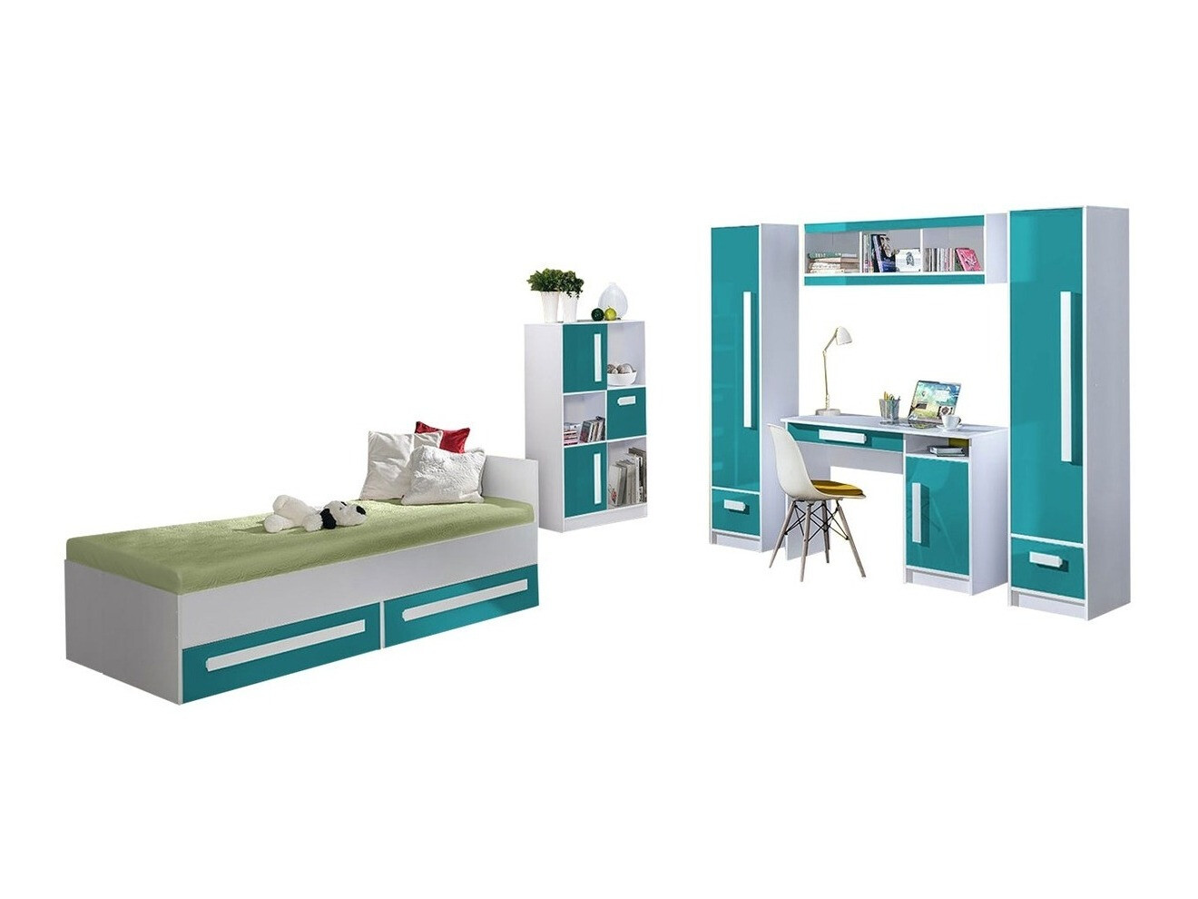 Komplet pohištva za otroško sobo Merevari 108 (Bela + Sijaj Turkizna)