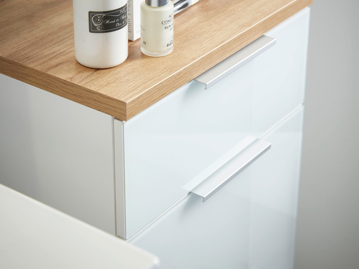 Prostostoječa Kopalniška omarica Levciro 101 (Sijaj bela + Navarra hrast)