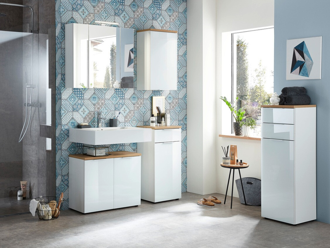 Prostostoječa Kopalniška omarica Levciro 101 (Sijaj bela + Navarra hrast)