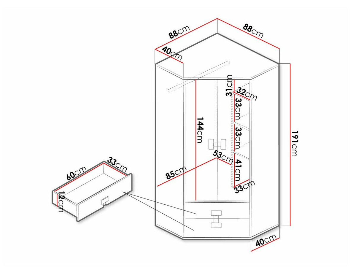 Kotna omara Florevi 114 (Mat bela + Artisan hrast)