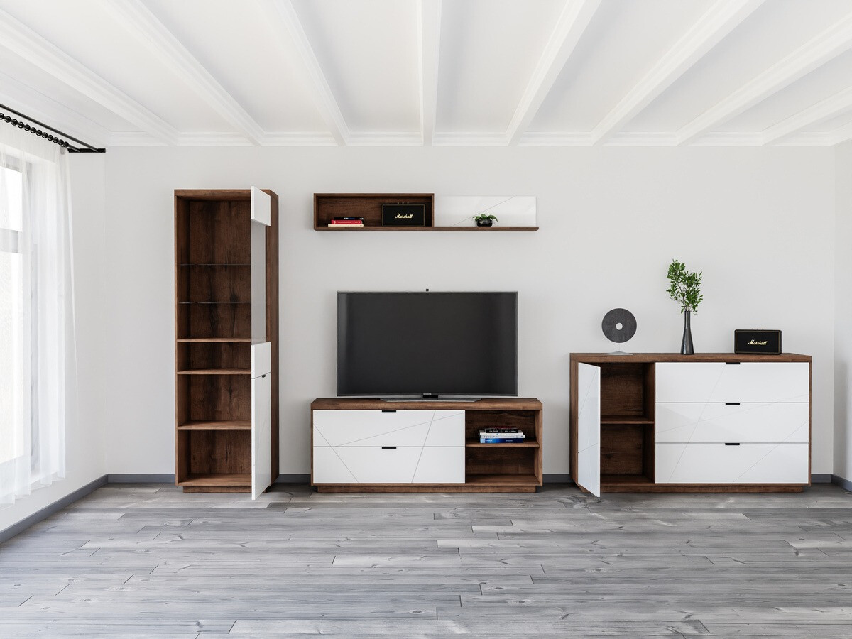 Komplet za dnevno sobo Fivale 114 (Temni delano hrast + Sijaj bela)