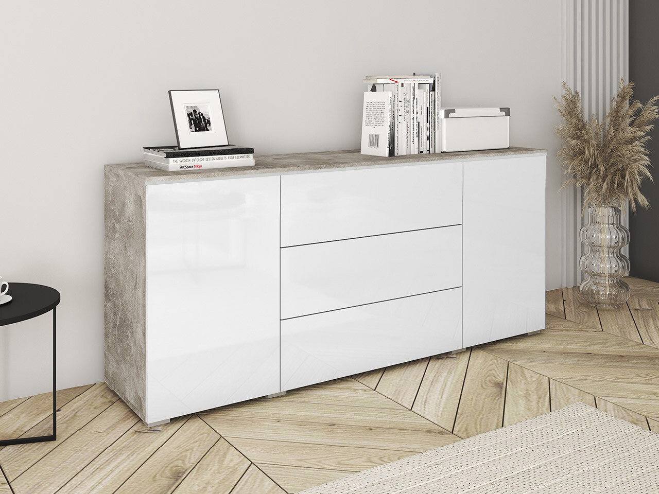 Komoda Mirfivo 102 (Beton + Sijaj bela)
