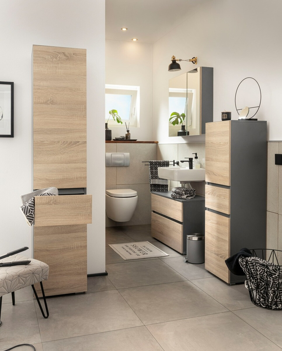 Kopalniška omarica z ogledalom Soncamu 104 (Antracit + Sonoma hrast)