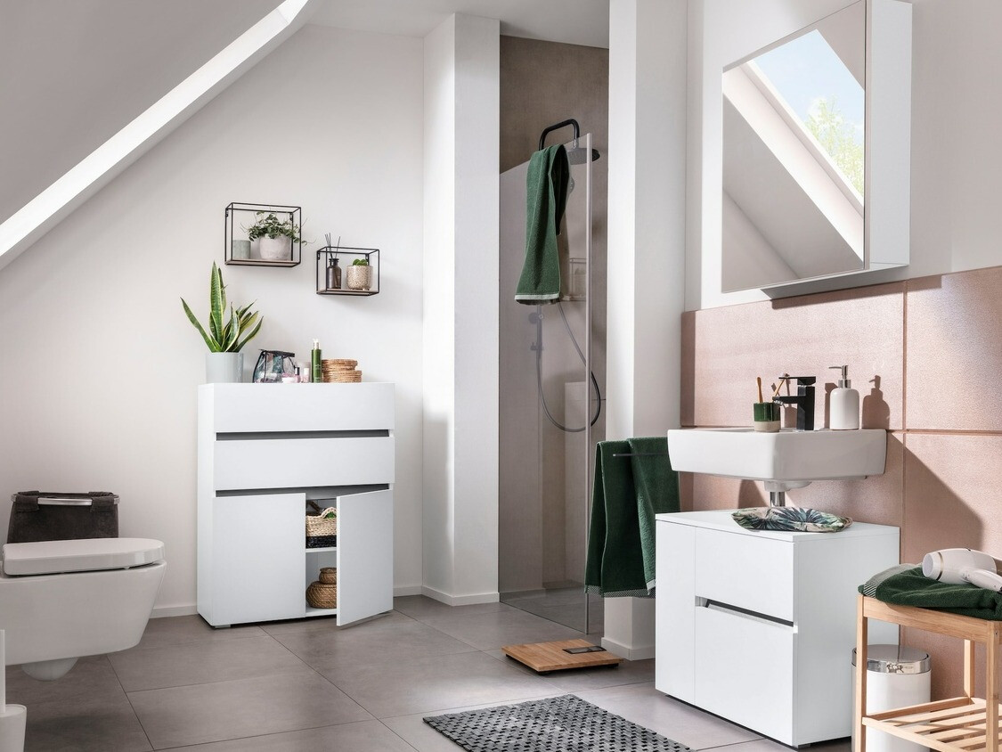 Prostostoječa kopalniška omarica za umivalnik Soncamu 108 (Bela)