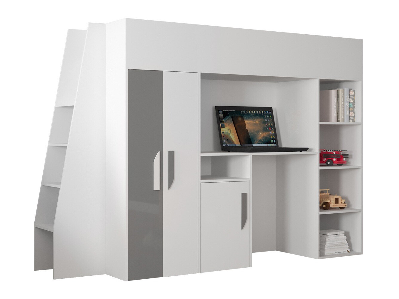 Visoka postelja Hartford 355 (Bela + Sijaj siva + Sijaj bela)