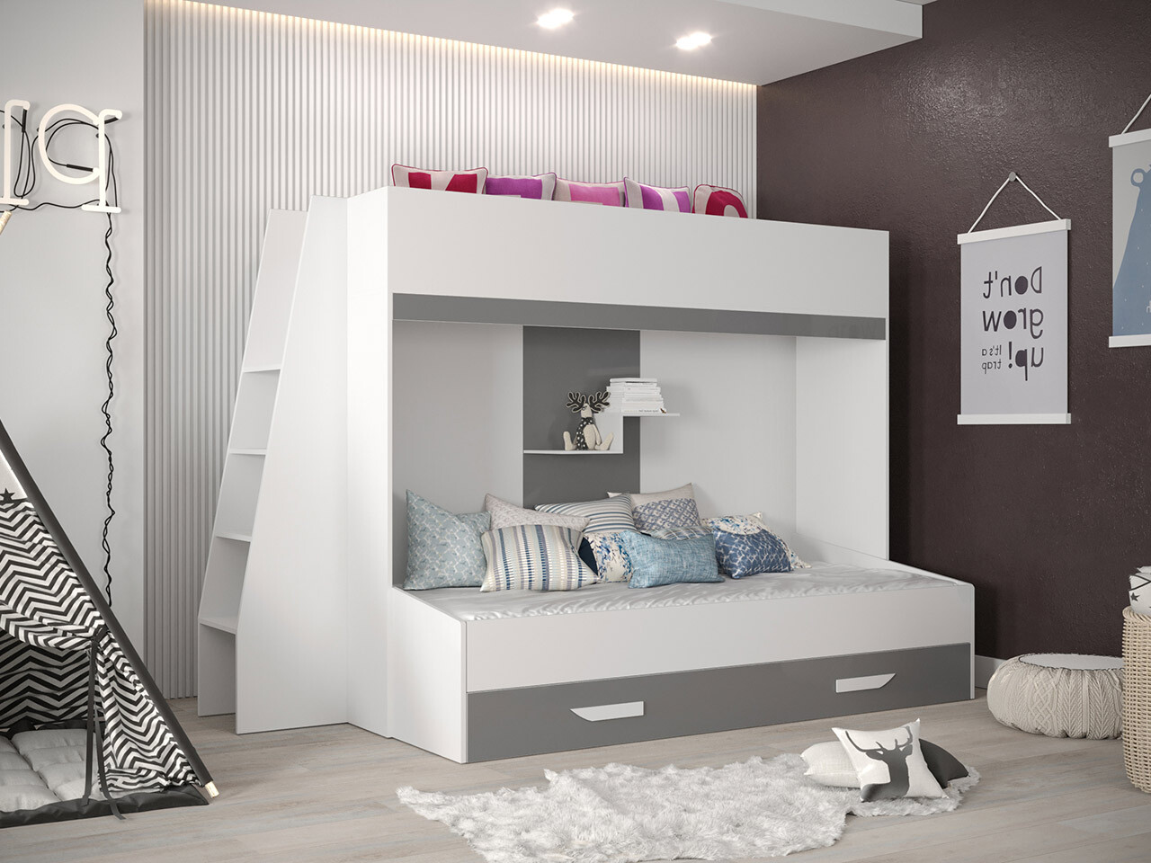 Dvonadstropna postelja Hartford 357 (Bela + Sijaj siva + Sijaj bela)