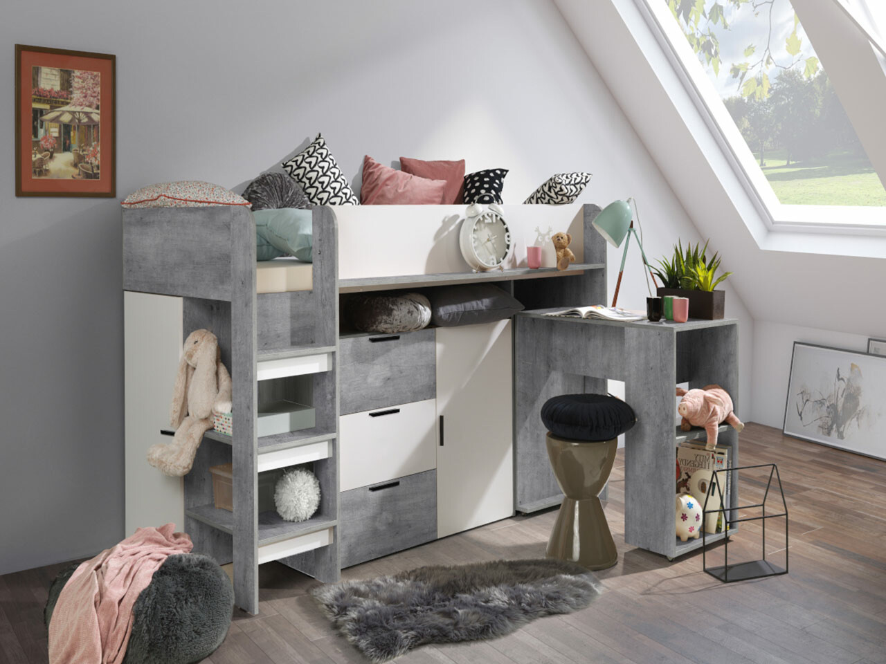 Visoka postelja Hartford 363 (Beton + Bela)