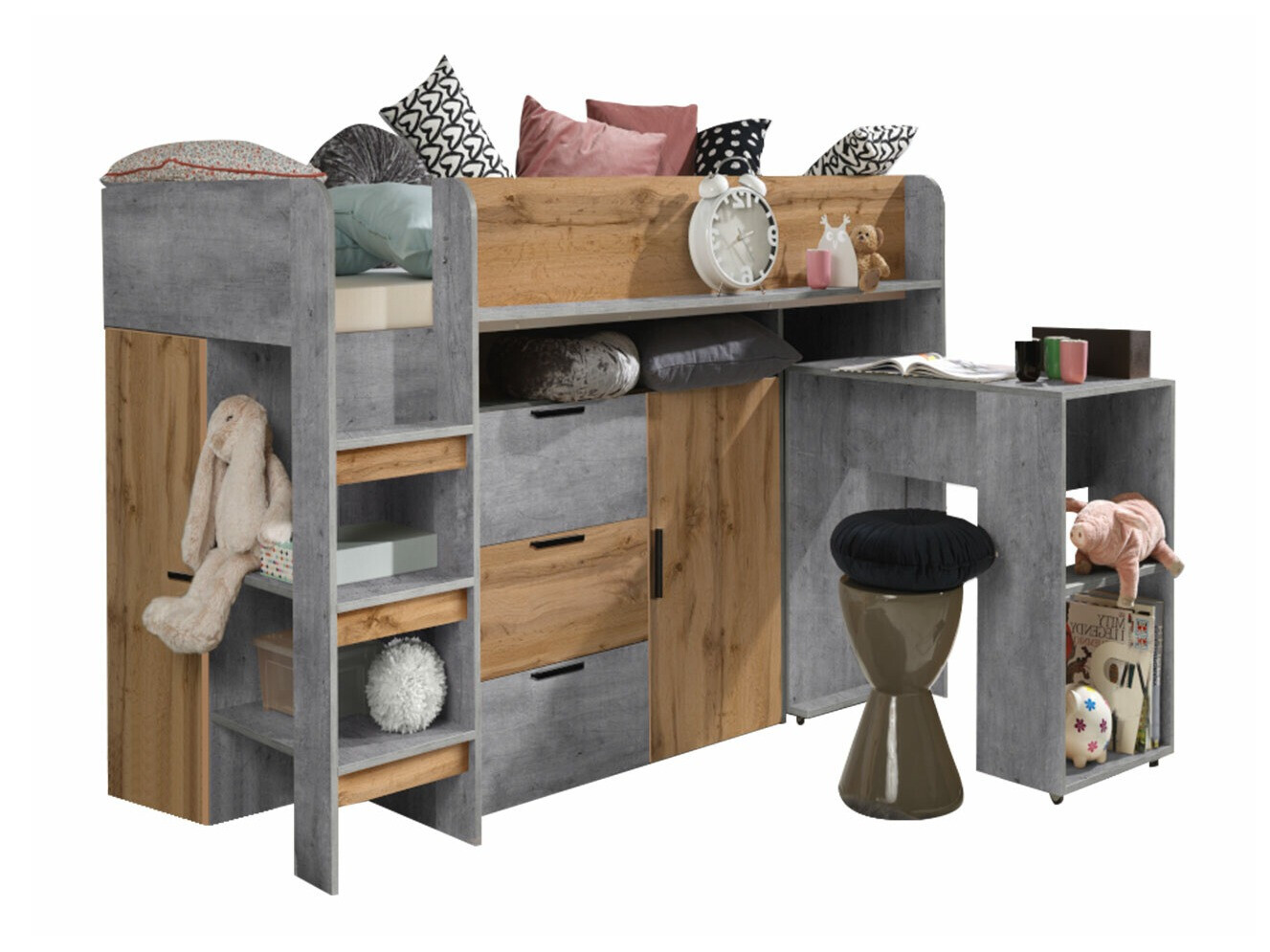 Visoka postelja Hartford 363 (Beton + Wotan hrast)