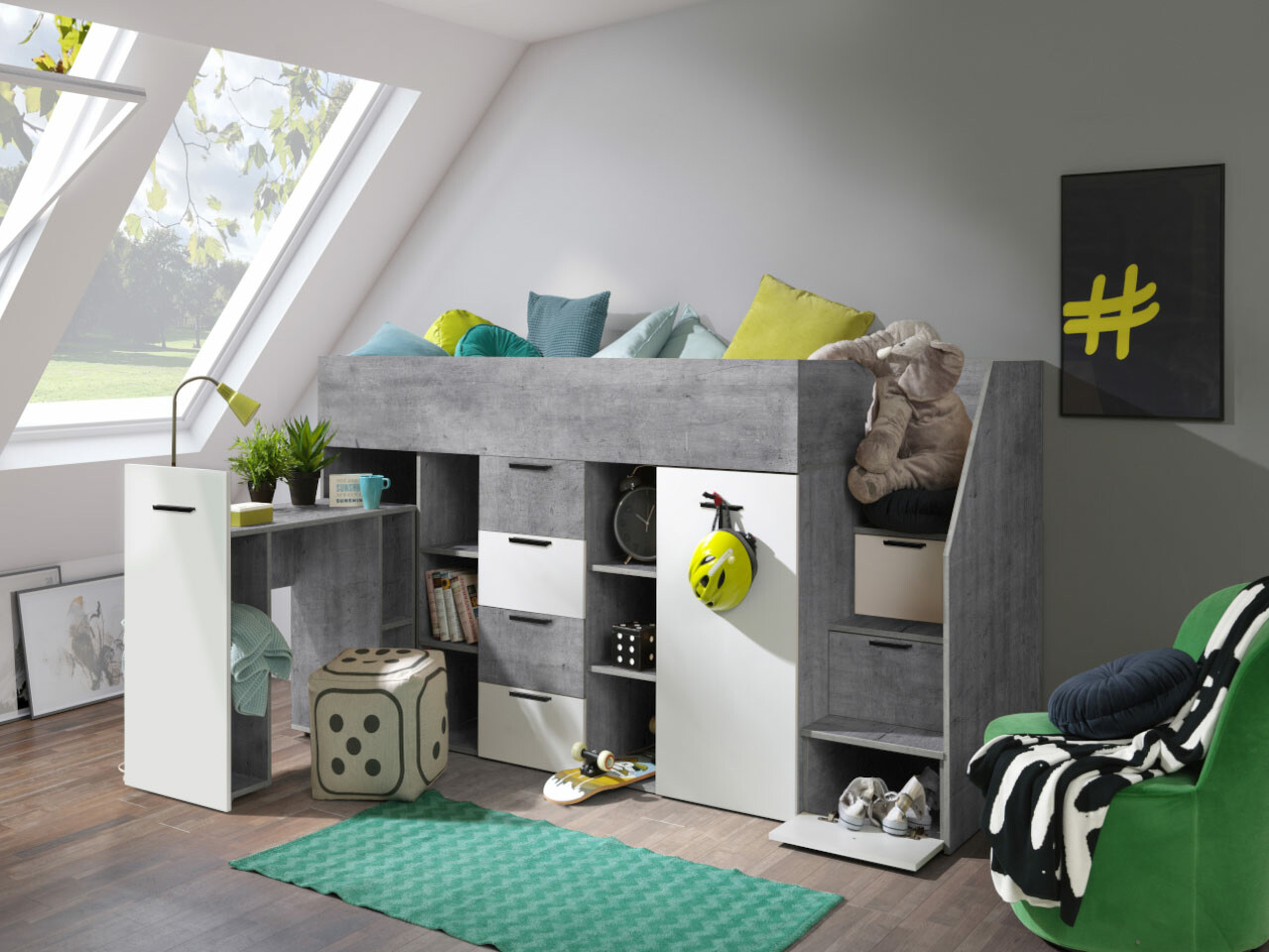 Visoka postelja Hartford 364 (Beton + Bela)