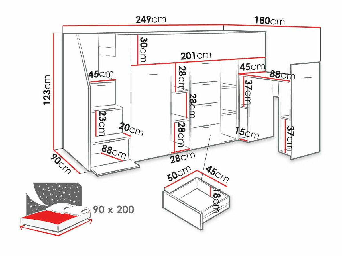 Visoka postelja Hartford 364 (Beton + Bela)