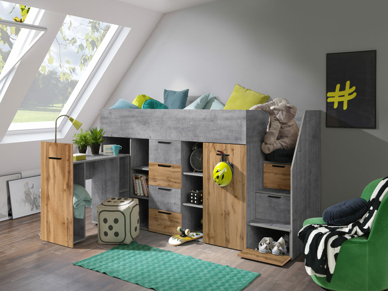 Visoka postelja Hartford 364 (Beton + Wotan hrast)