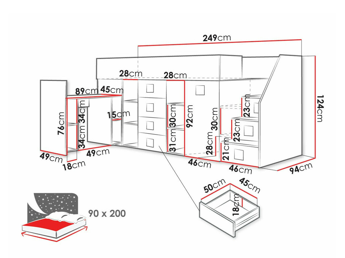 Visoka postelja Hartford 366 (Bela + Sijaj bela)