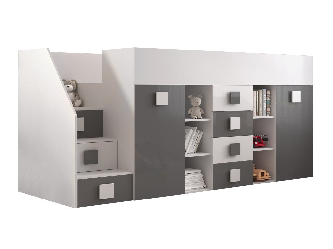 Visoka postelja Hartford 366 (Bela + Sijaj siva + Sijaj bela)