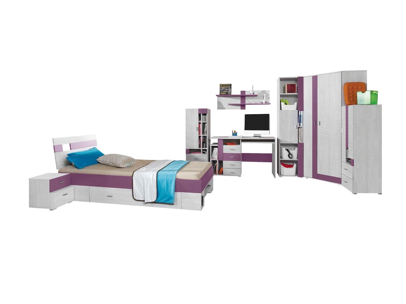 Komplet pohištva za otroško sobo Omaha D142 (Vijolična + Beljen bor)