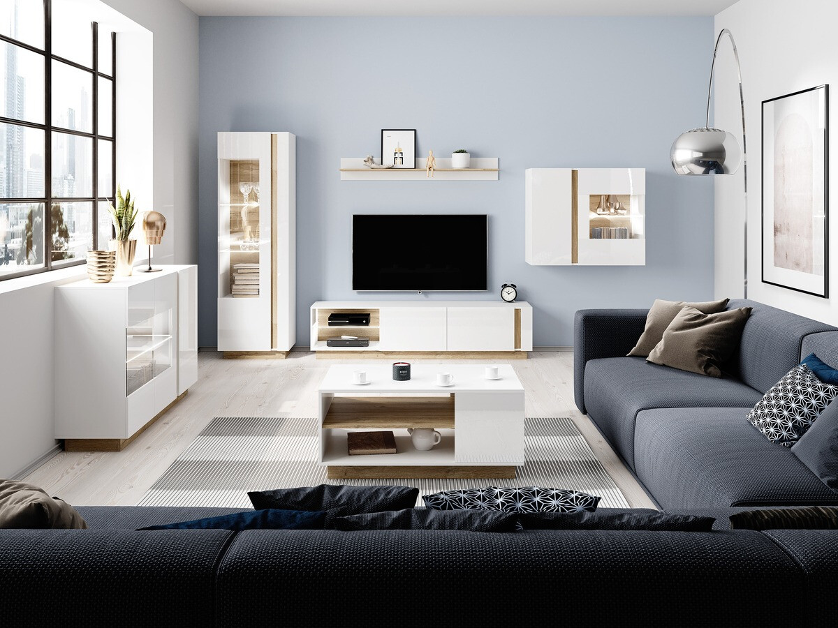 Stenska polica Novbela 112 (Bela + Sijaj bela + Hrast Grandson)