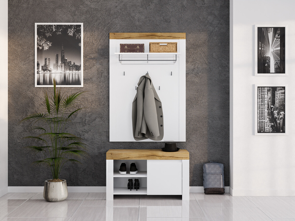 Komplet za predsobo Sonsoru 140 (Bela + Sijaj bela + Wotan hrast)