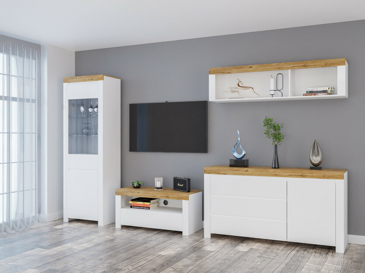 Komplet za dnevno sobo Sonsoru 144 (Bela + Sijaj bela + Wotan hrast)