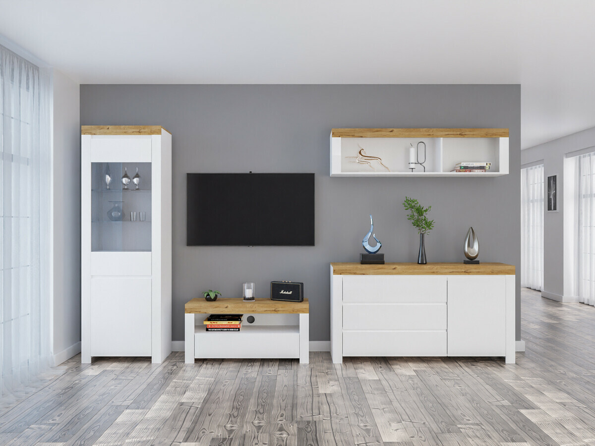 Komplet za dnevno sobo Sonsoru 144 (Bela + Sijaj bela + Wotan hrast)