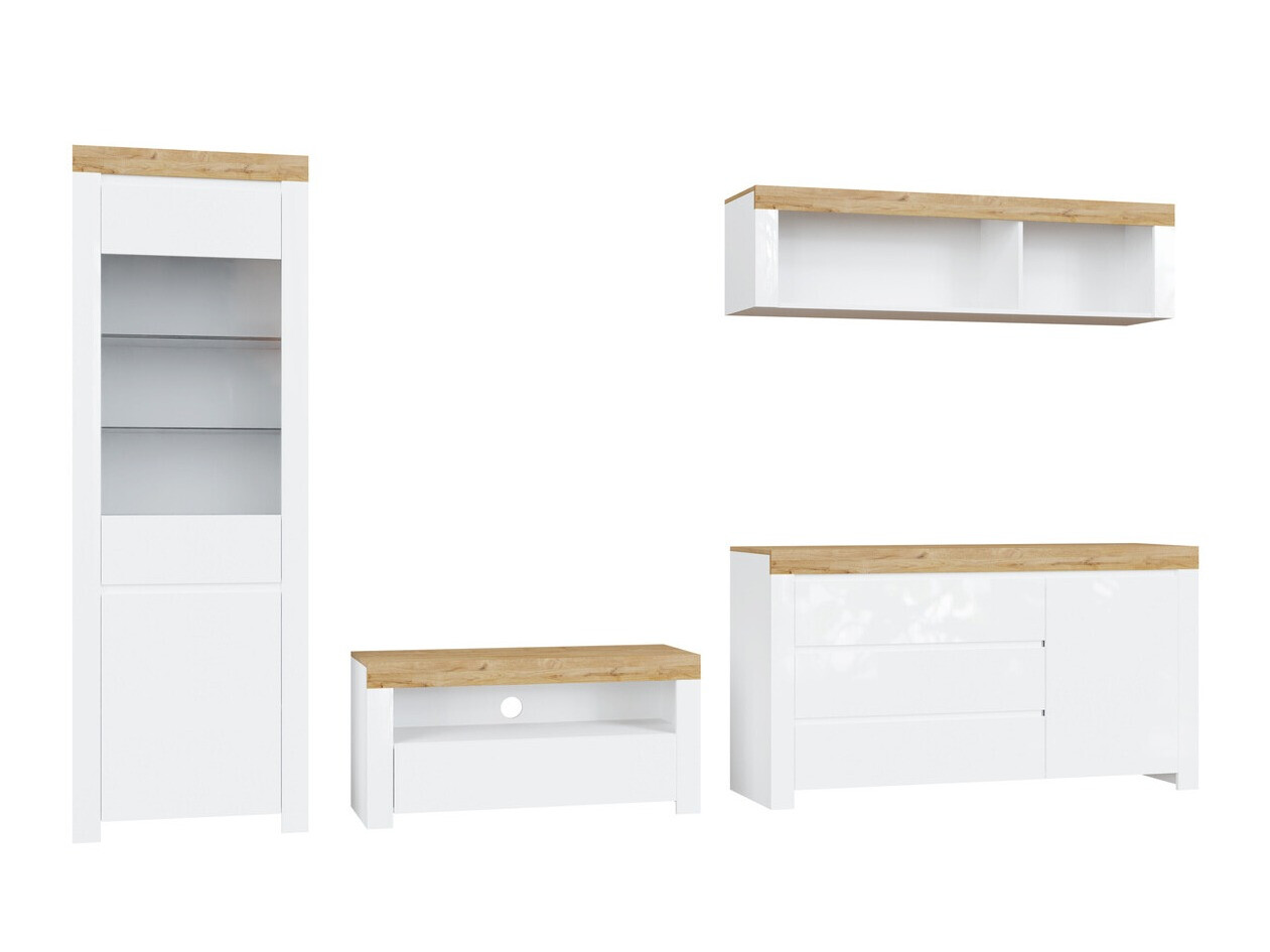 Komplet za dnevno sobo Sonsoru 144 (Bela + Sijaj bela + Wotan hrast)