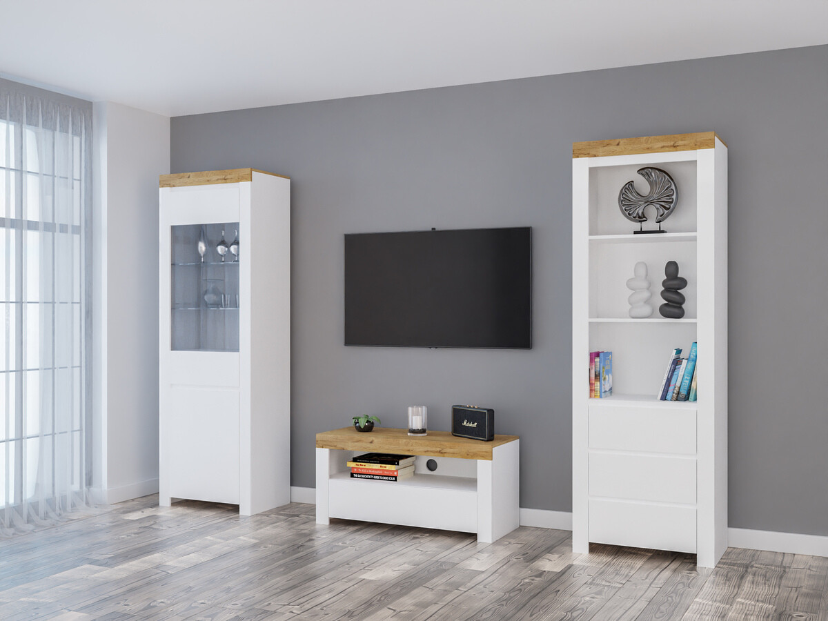 Komplet za dnevno sobo Sonsoru 145 (Bela + Sijaj bela + Wotan hrast)