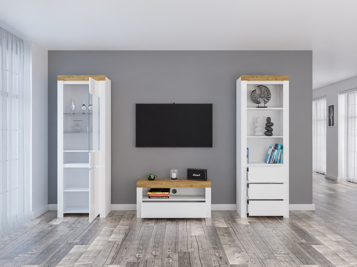 Komplet za dnevno sobo Sonsoru 145 (Bela + Sijaj bela + Wotan hrast)