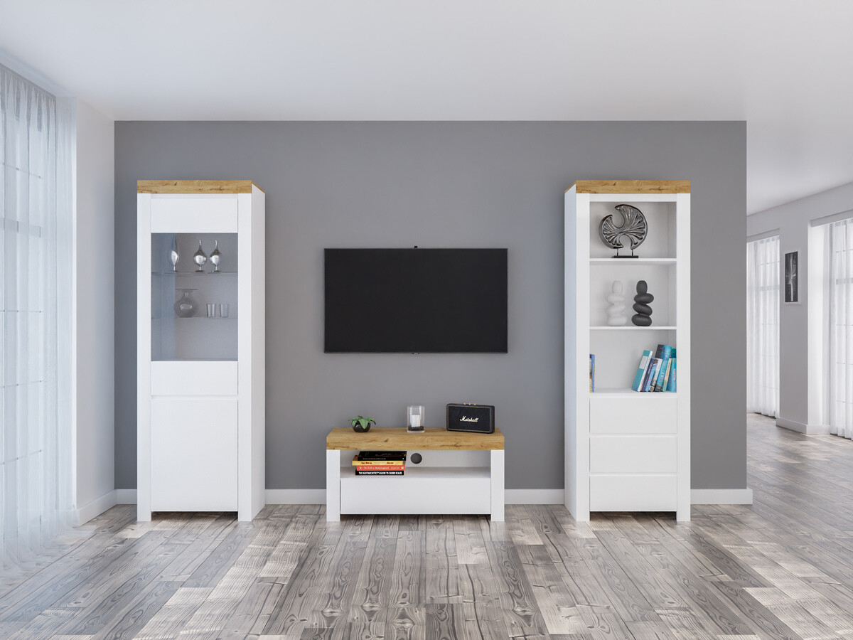 Komplet za dnevno sobo Sonsoru 145 (Bela + Sijaj bela + Wotan hrast)