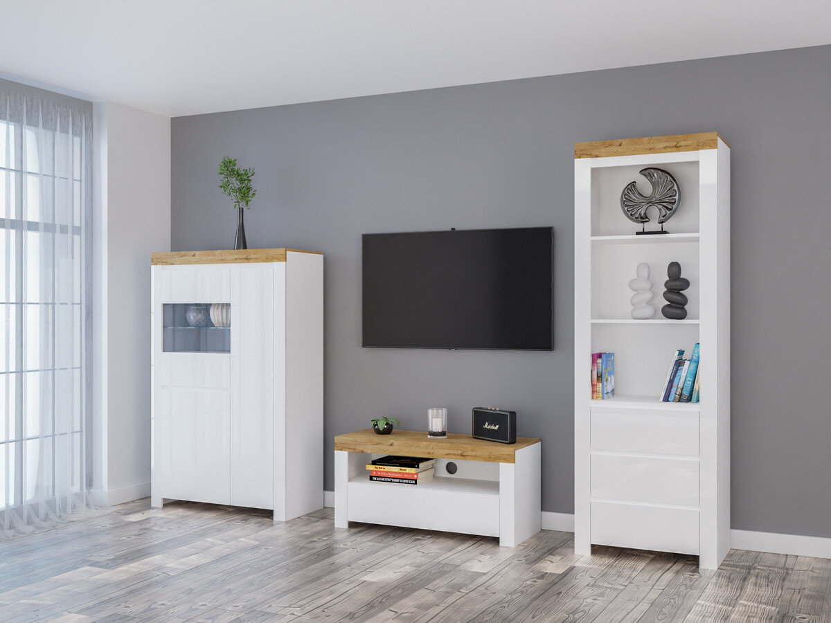 Komplet za dnevno sobo Sonsoru 146 (Bela + Sijaj bela + Wotan hrast)