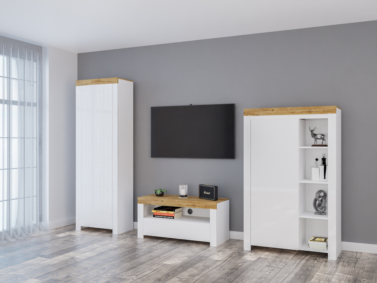 Komplet za dnevno sobo Sonsoru 147 (Bela + Sijaj bela + Wotan hrast)