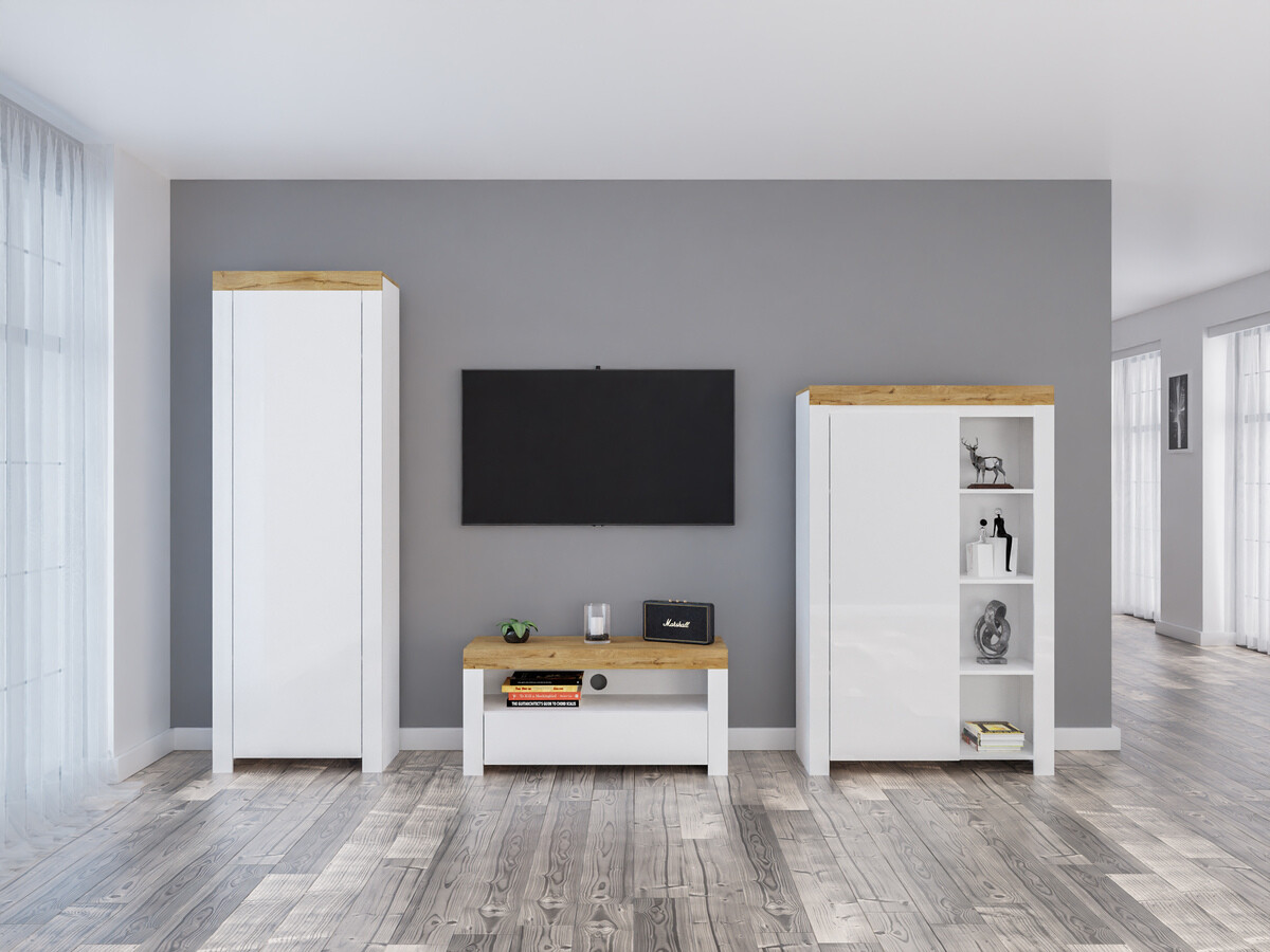 Komplet za dnevno sobo Sonsoru 147 (Bela + Sijaj bela + Wotan hrast)