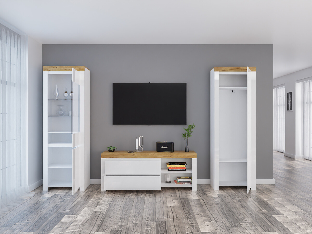 Komplet za dnevno sobo Sonsoru 148 (Bela + Sijaj bela + Wotan hrast)