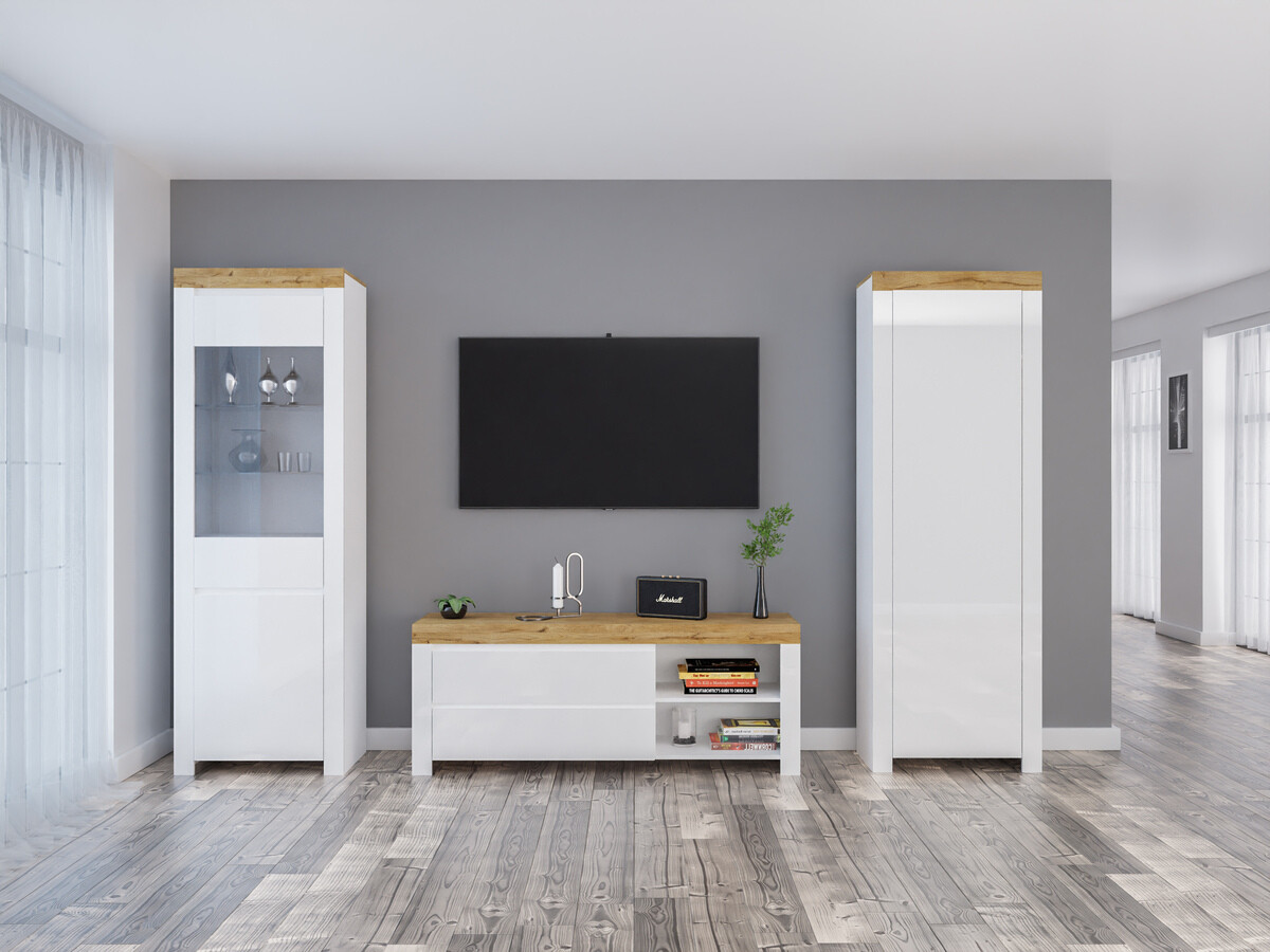 Komplet za dnevno sobo Sonsoru 148 (Bela + Sijaj bela + Wotan hrast)