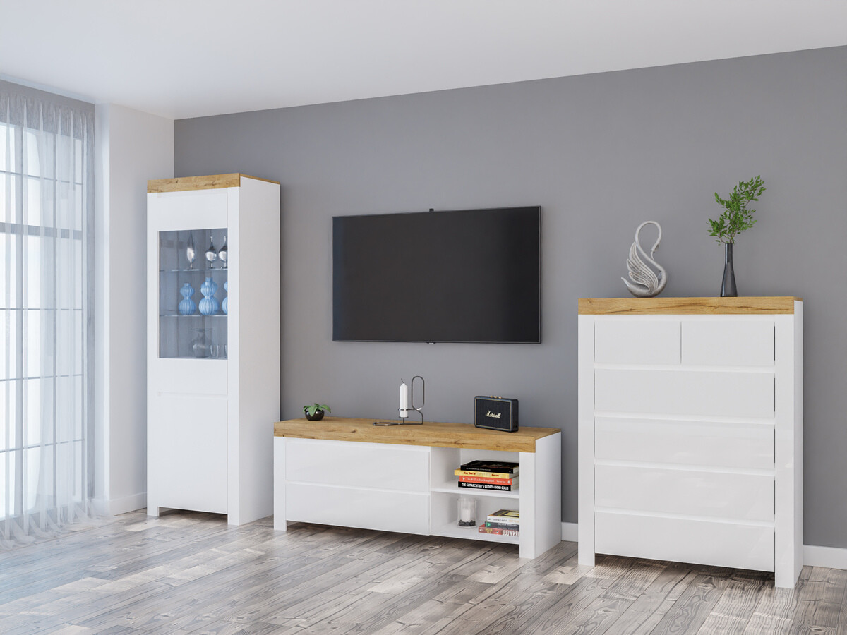 Komplet za dnevno sobo Sonsoru 149 (Bela + Sijaj bela + Wotan hrast)