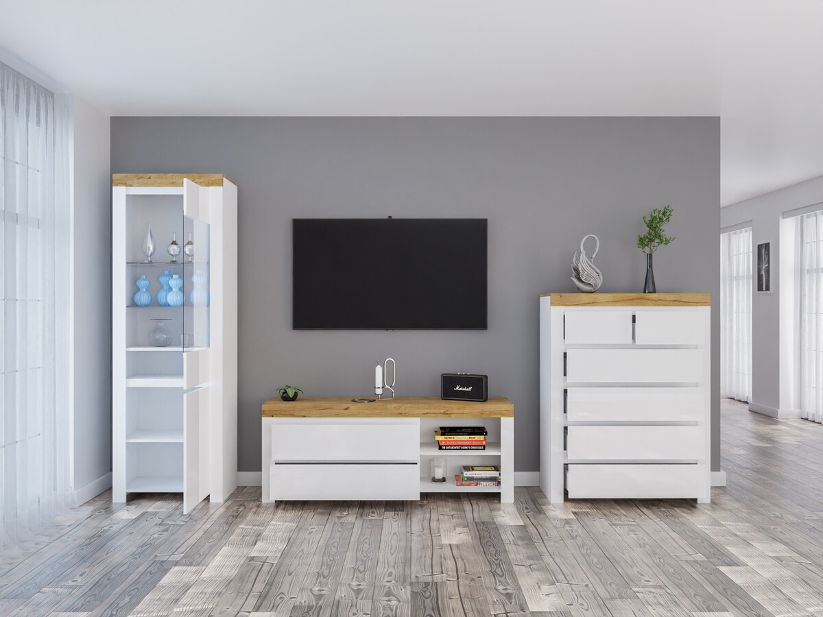 Komplet za dnevno sobo Sonsoru 149 (Bela + Sijaj bela + Wotan hrast)