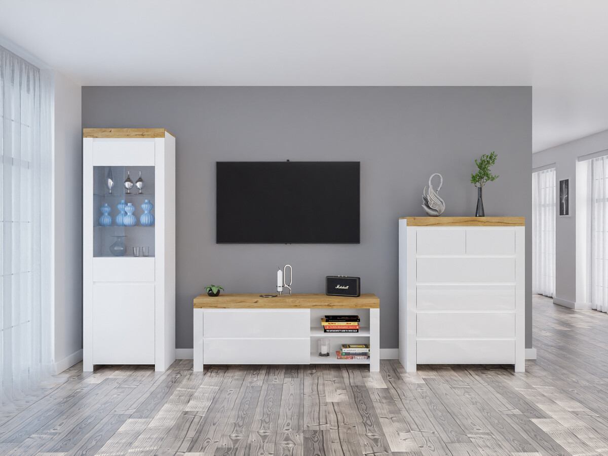 Komplet za dnevno sobo Sonsoru 149 (Bela + Sijaj bela + Wotan hrast)