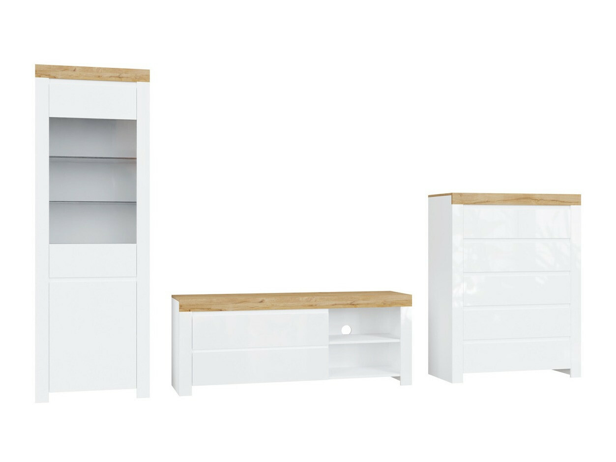 Komplet za dnevno sobo Sonsoru 149 (Bela + Sijaj bela + Wotan hrast)