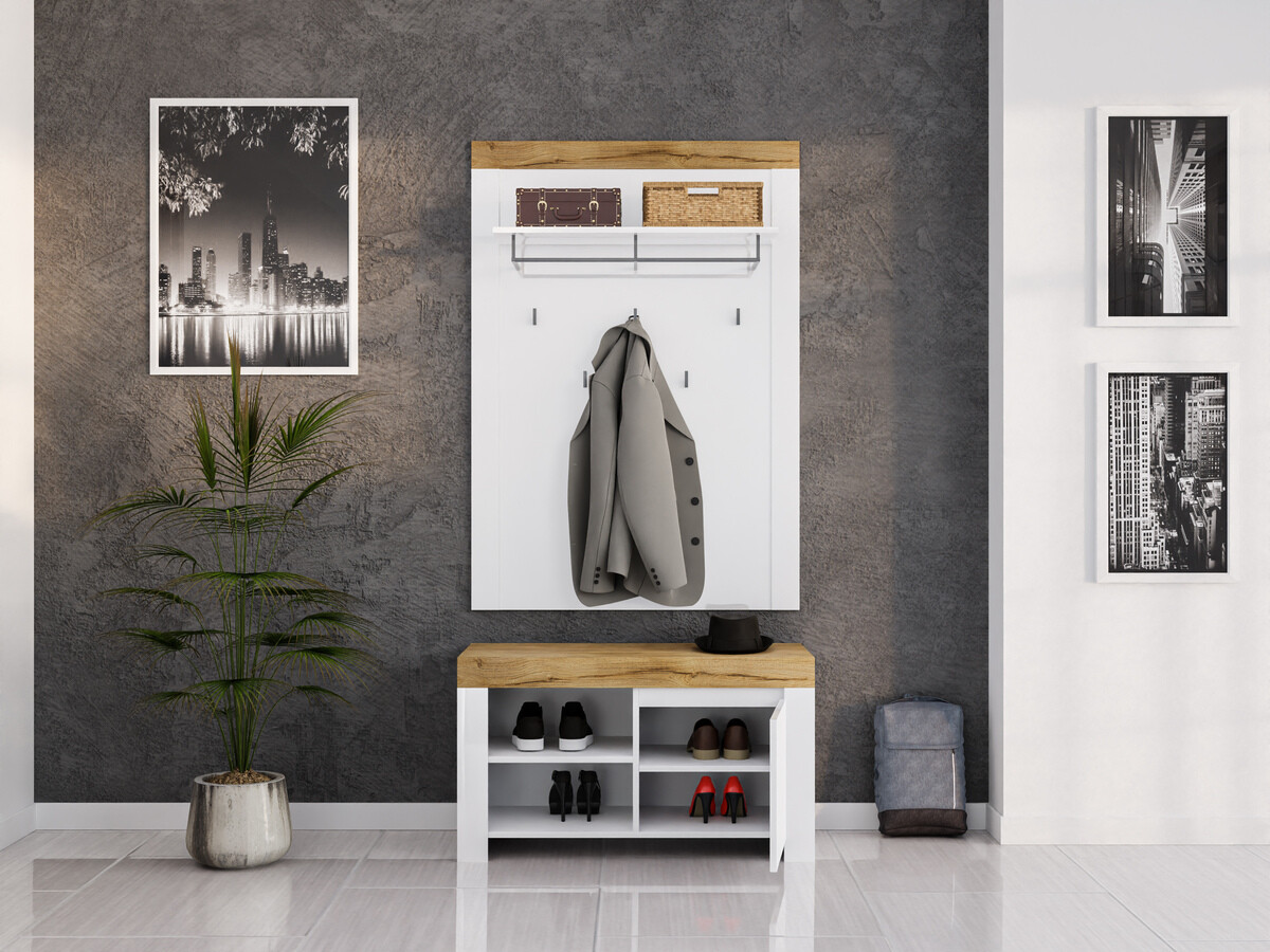 Komplet za predsobo Sonsoru 140 (Bela + Sijaj bela + Wotan hrast)