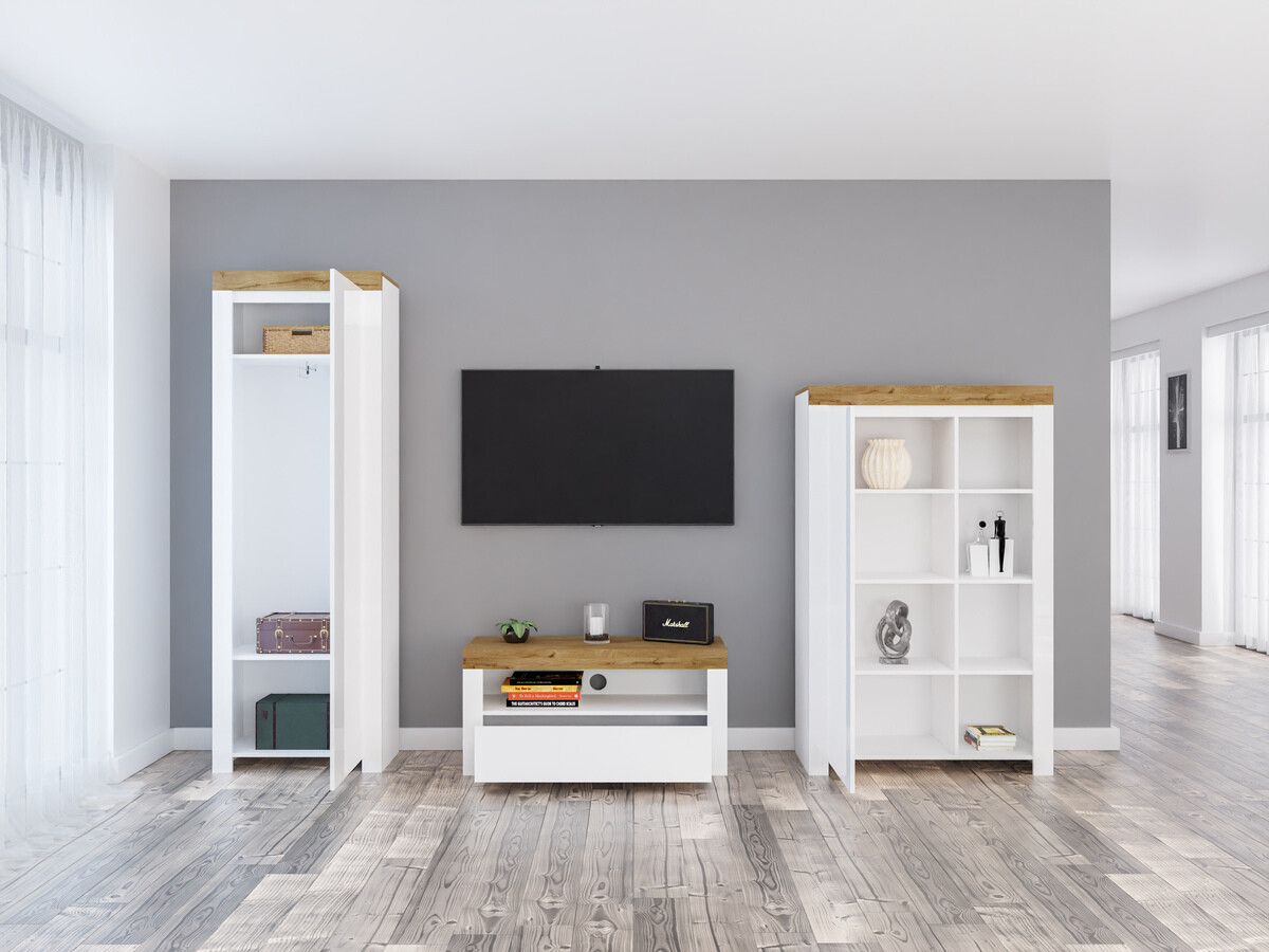 Komplet za dnevno sobo Sonsoru 147 (Bela + Sijaj bela + Wotan hrast)