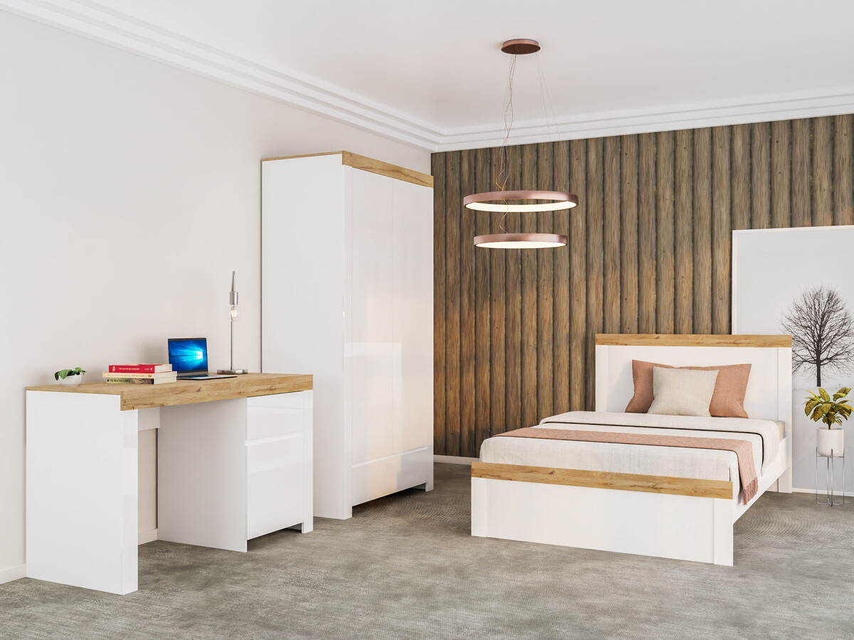 Postelja Sonsoru 115 (Bela + Sijaj bela + Wotan hrast)