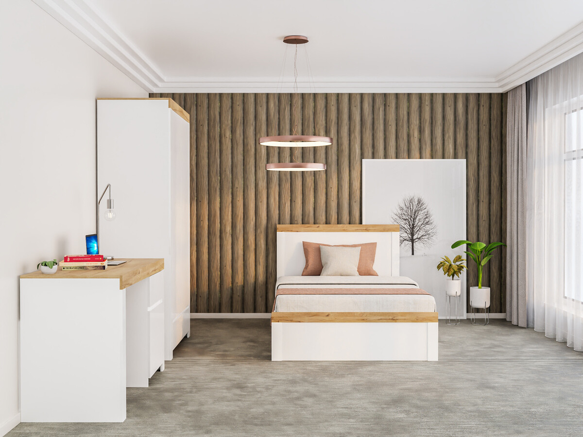 Postelja Sonsoru 115 (Bela + Sijaj bela + Wotan hrast)