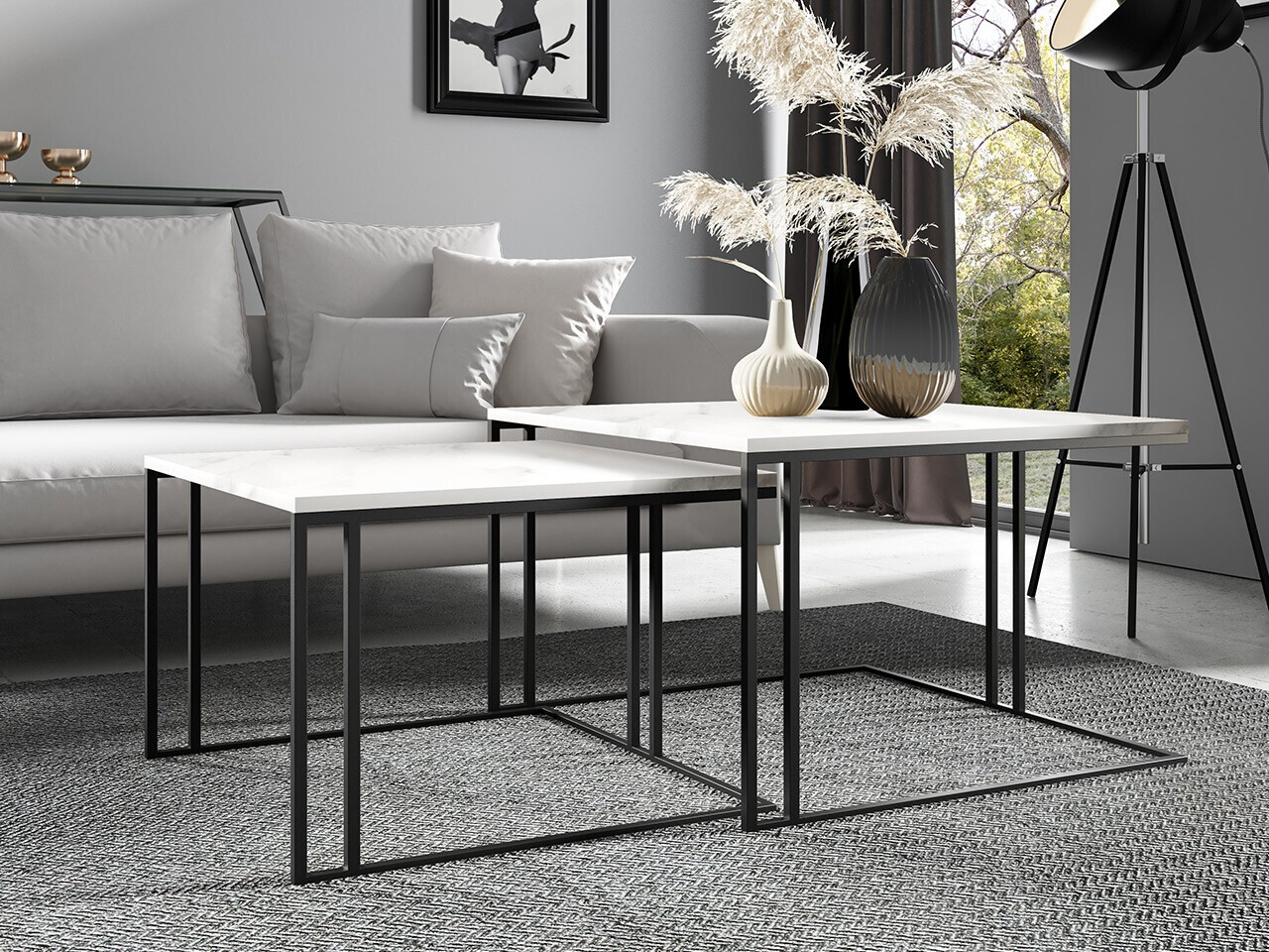 Komplet klubskih mizic Comfivo 178 (Bela marmuro + Črna)