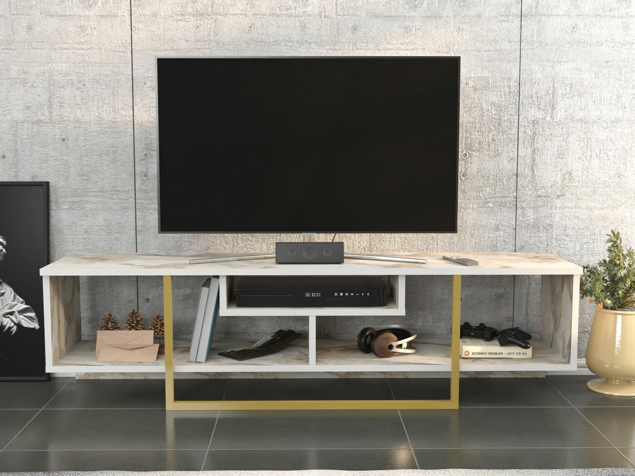 TV-omarica Kailua 245 (Beli marmor + Zlata)